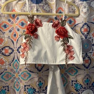 Rose embroidered embellished crop top
